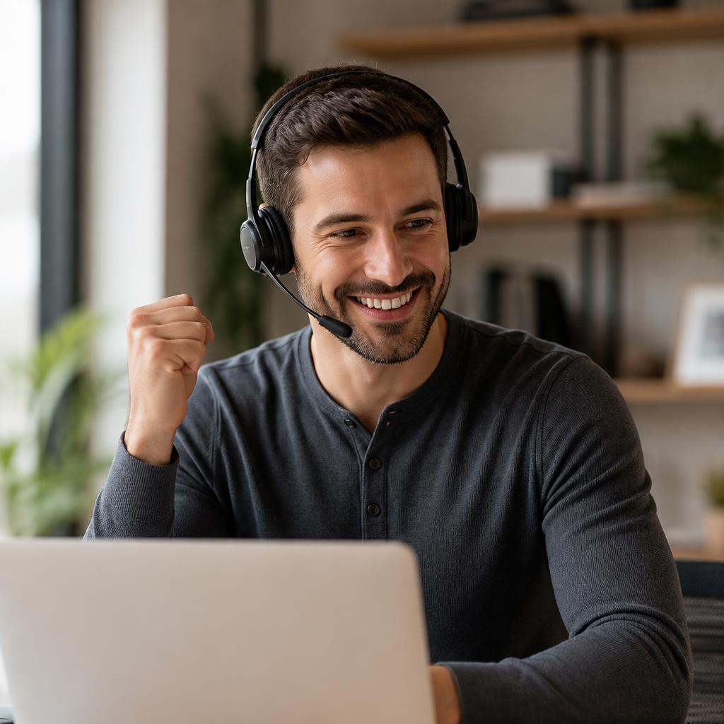 Smiling sales specialist celebrating a successful call while working remotely